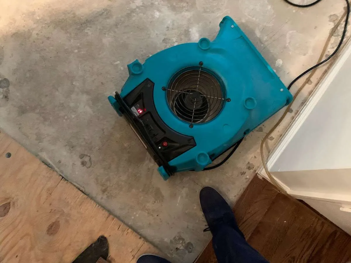 Air mover drying subfloor during Leak Detection & Repair in New Milford